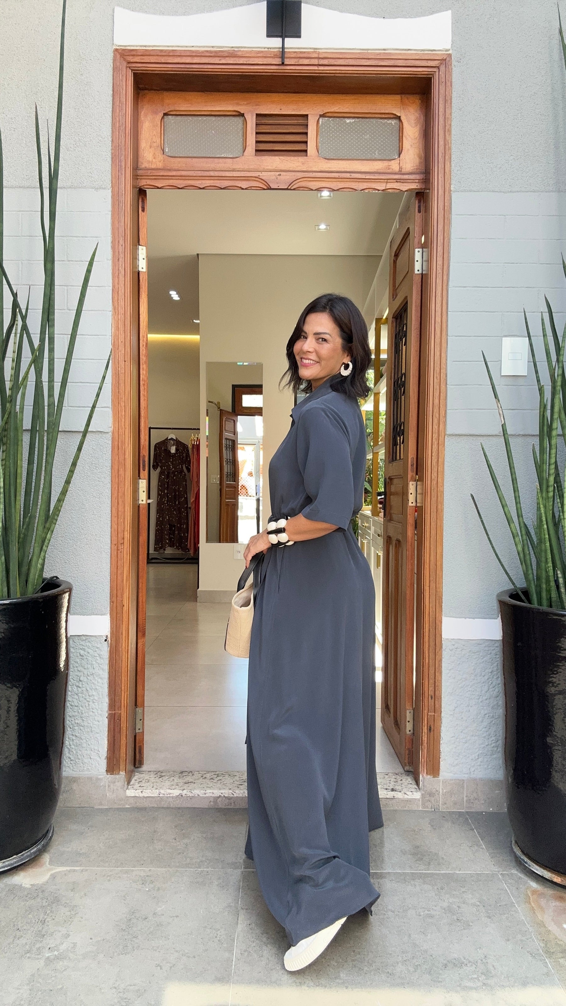 Vestido Chemisier Seda Pura Chumbo EZILDINHA