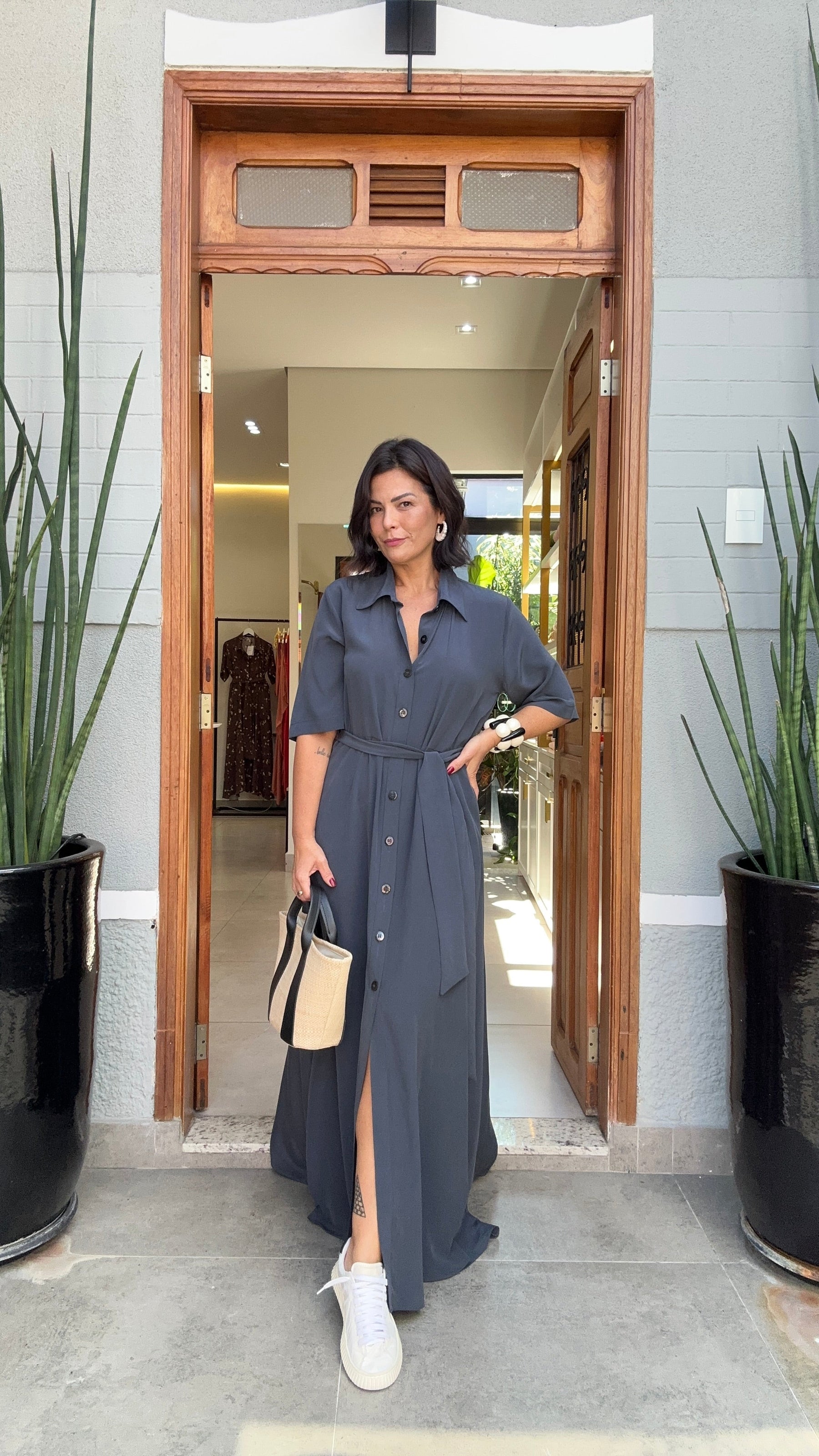 Vestido Chemisier Seda Pura Chumbo EZILDINHA